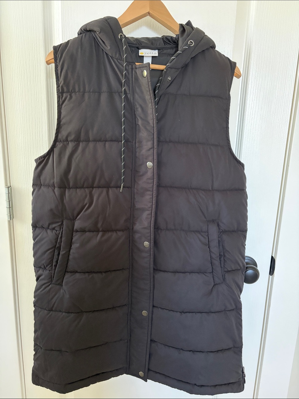Zella Long Hooded Quilted Puffer Vest Black